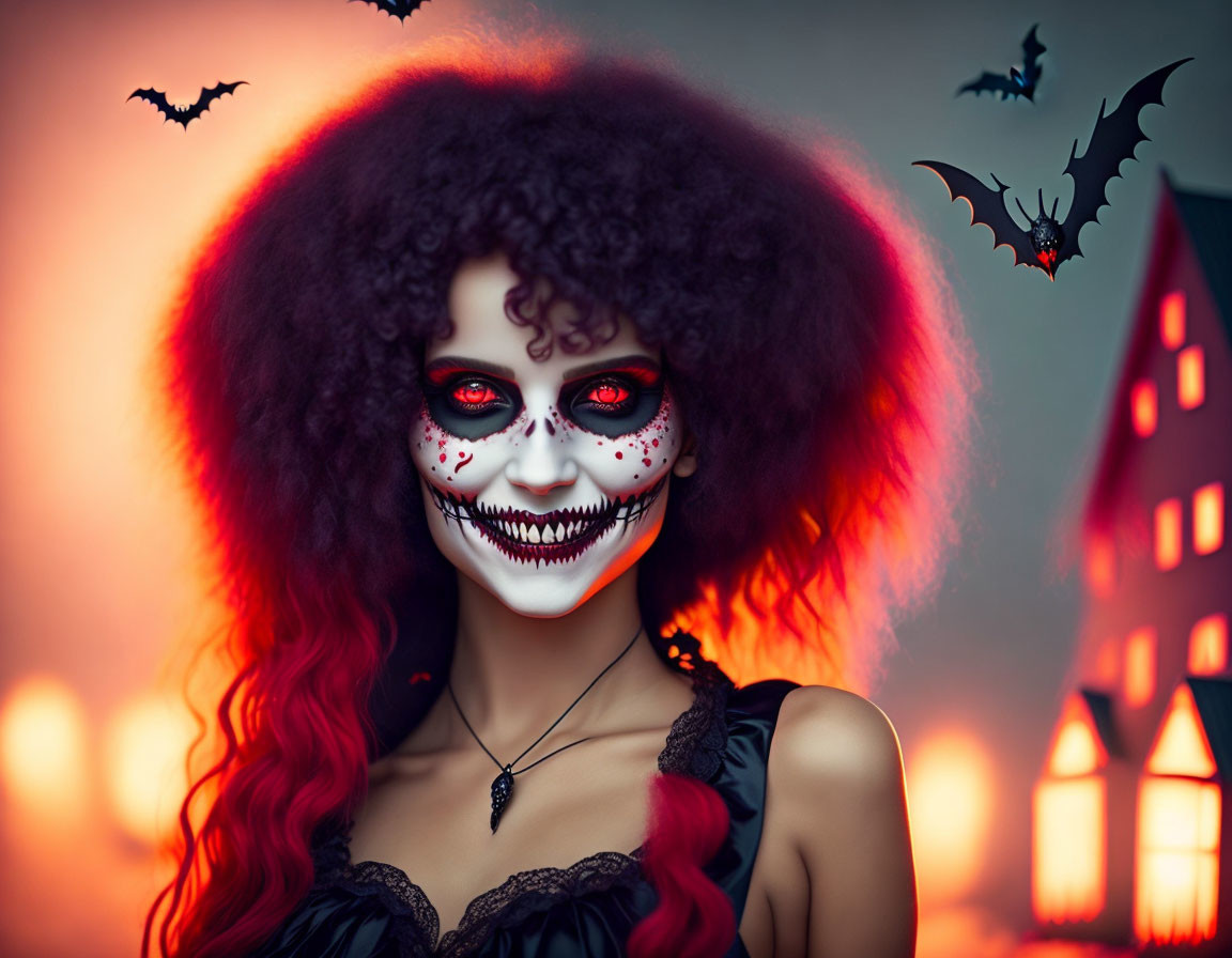 Skull face paint person with red eyes and curly red hair in spooky setting