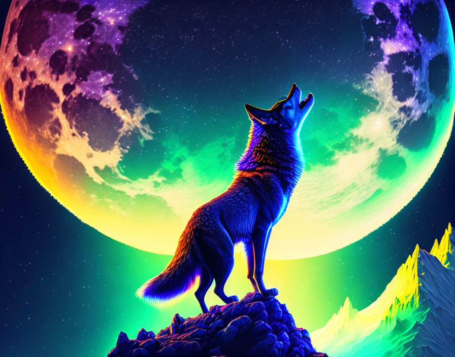 Colorful Wolf Howling on Rocky Peak Under Moonlit Sky