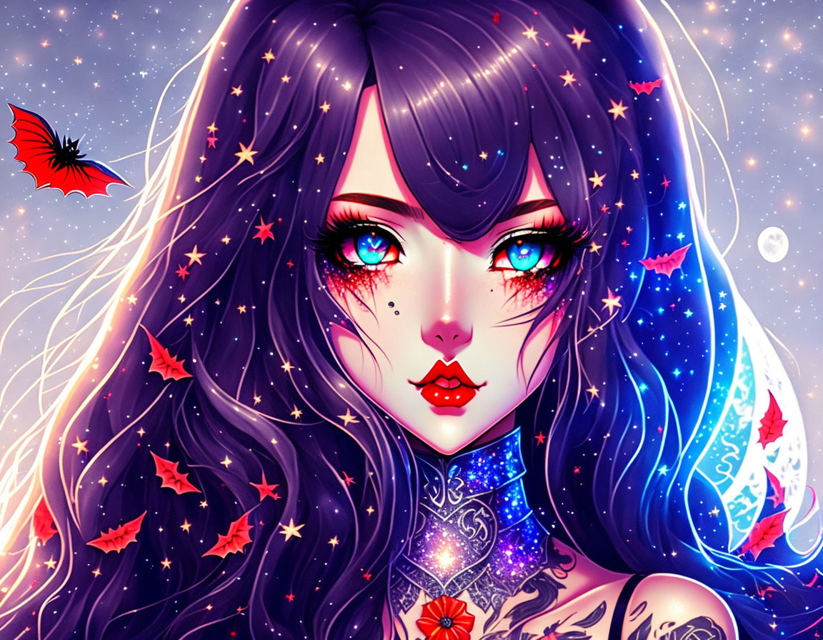 Anime-style illustration of girl with deep blue hair, star adornments, blue eyes, and butterfly.