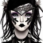 Dark-haired person in gothic makeup with spider-web mask and bat earrings