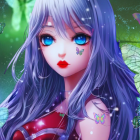 Girl with Blue Hair and Glowing Butterflies on Fantasy Background