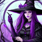 Purple-haired witch in black attire in foggy, bat-filled forest