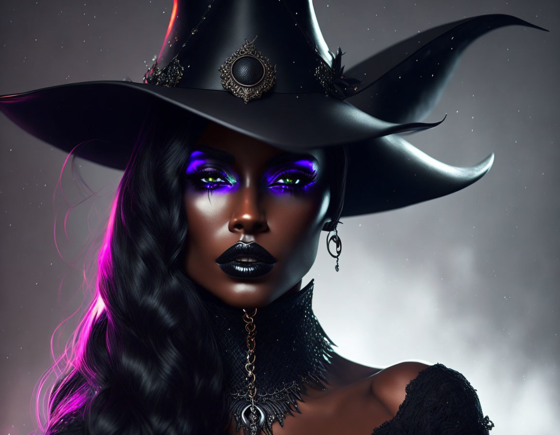 Digital Artwork: Woman with Glowing Purple Eyes in Witch's Hat & Gothic Attire