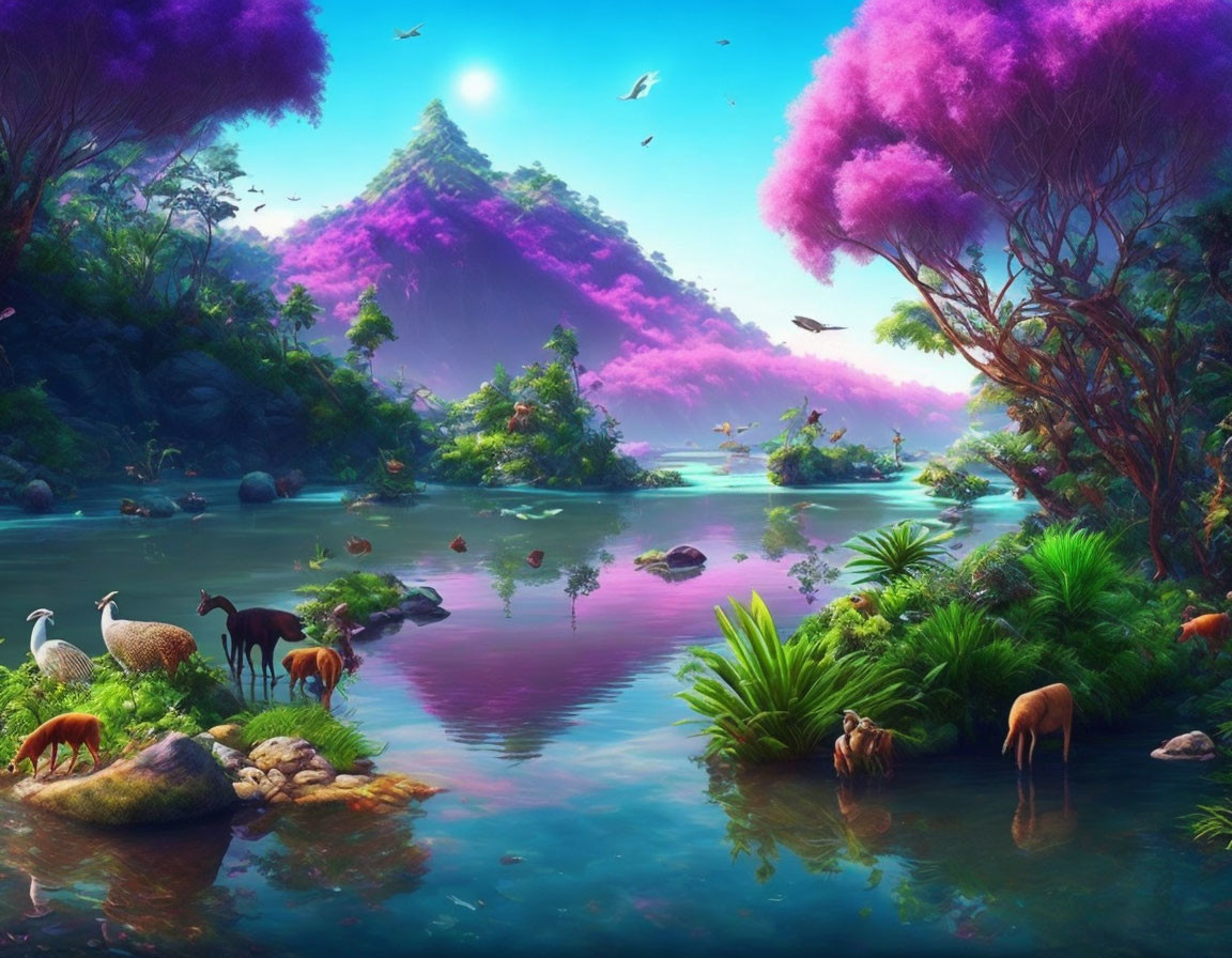 Colorful Fantasy Landscape with Purple Foliage, River, Wildlife, and Misty Mountains