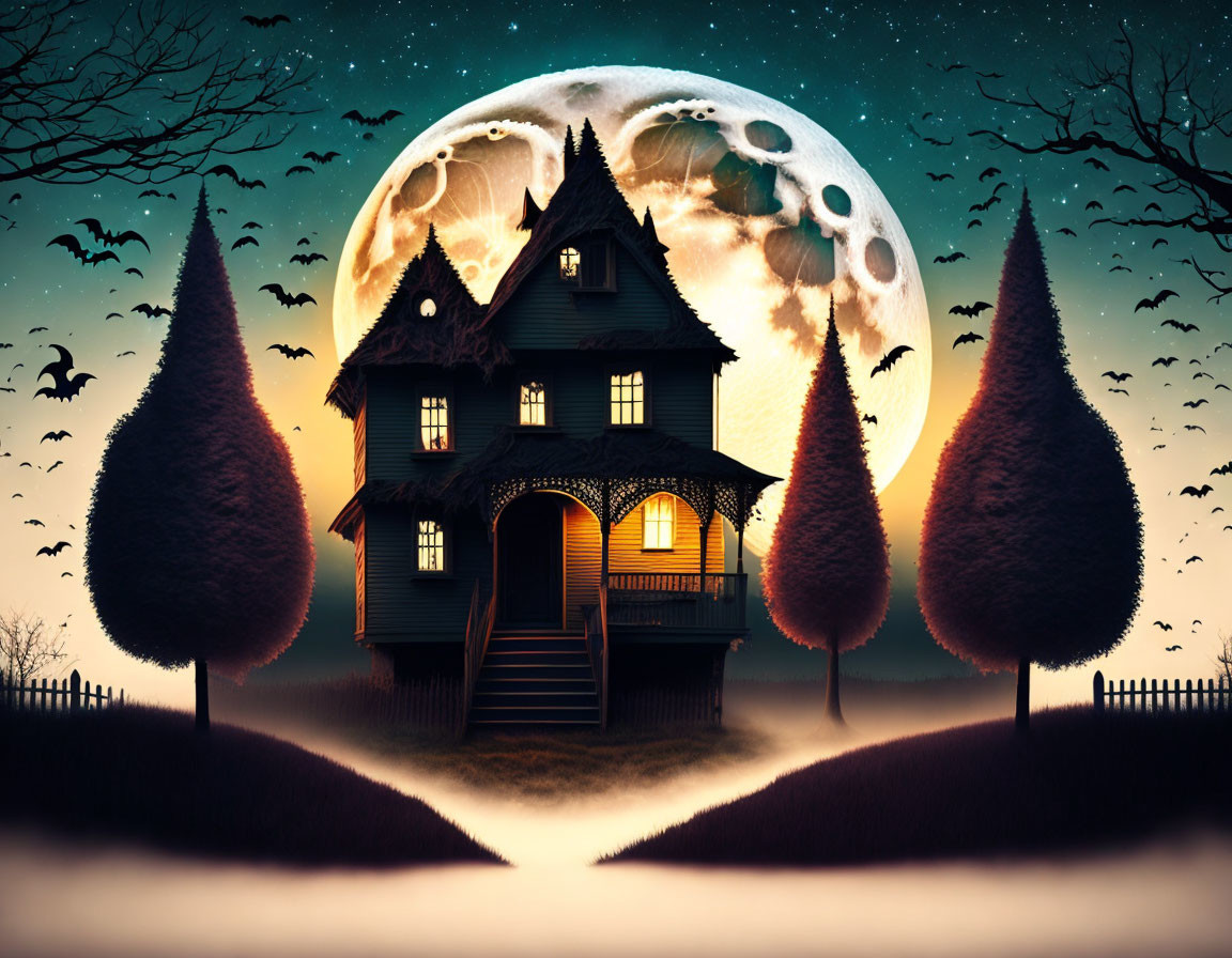 Victorian house at night with bats, full moon, and trees