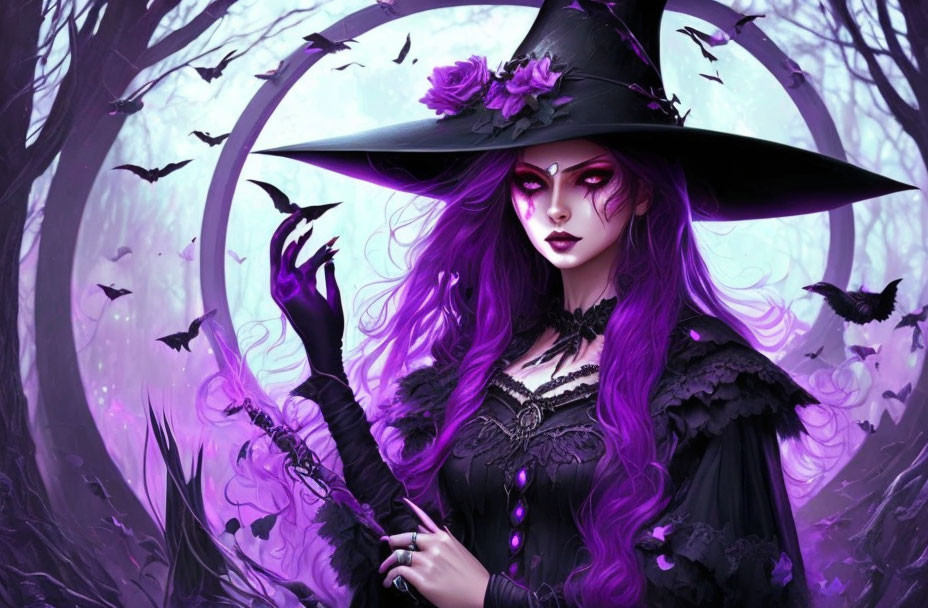 Purple-haired witch in black attire in foggy, bat-filled forest