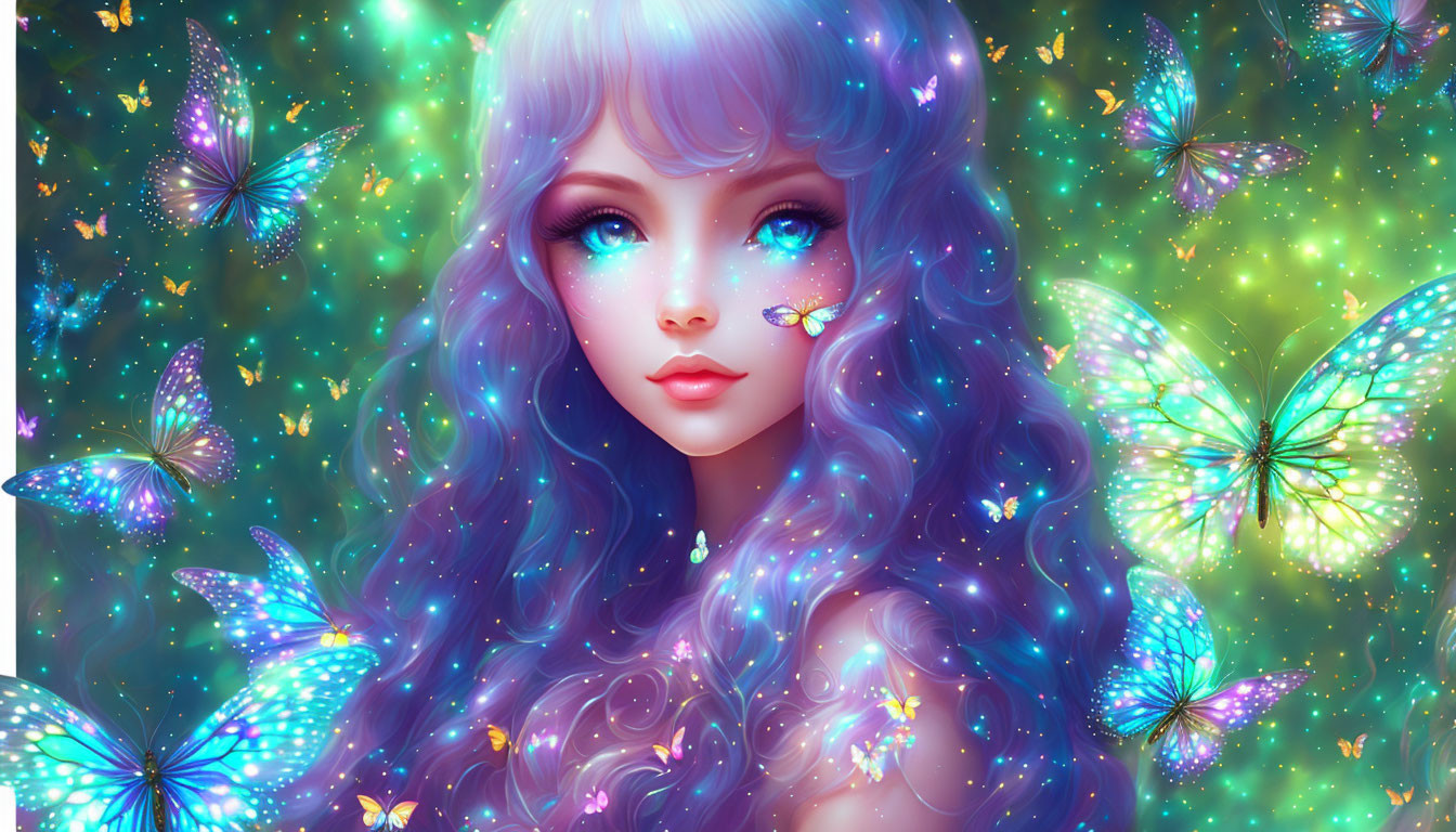 Girl with Blue Hair and Glowing Butterflies on Fantasy Background