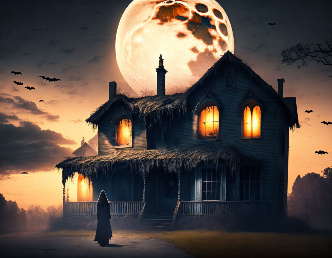 Glowing windows in spooky house with cloaked figure under full moon