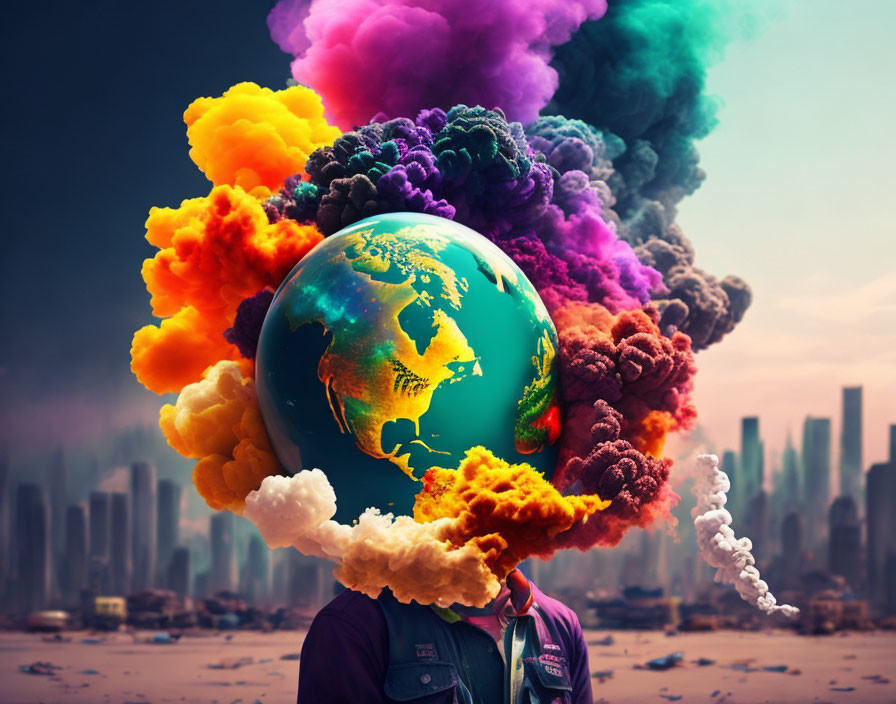 Person with Globe Head Emitting Colorful Smoke in Cityscape