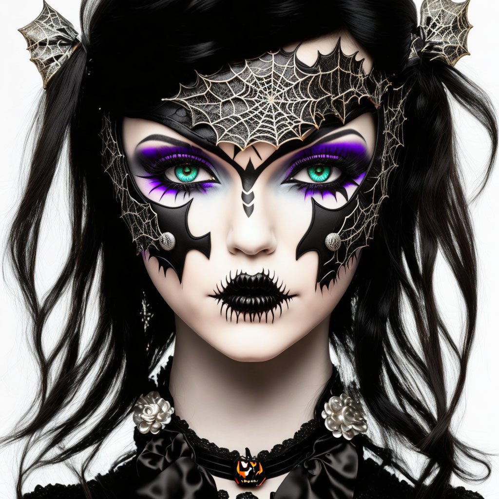 Dark-haired person in gothic makeup with spider-web mask and bat earrings