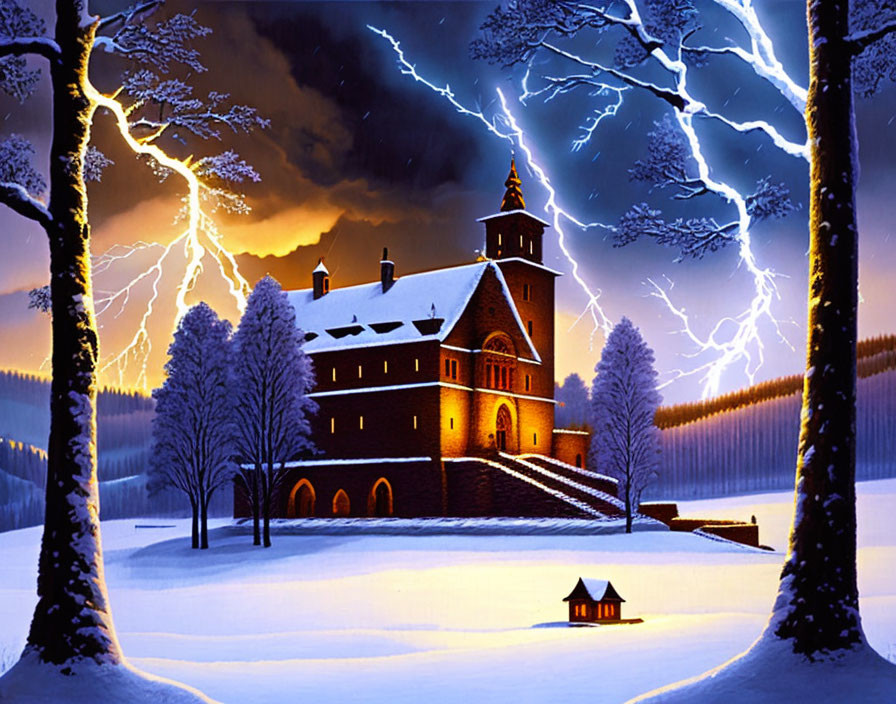 Snowy Hill with Illuminated House and Lightning Sky