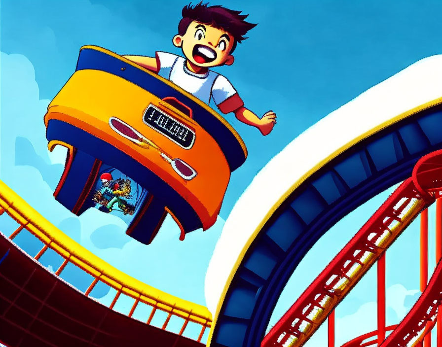 Boy with spiky hair rides yellow roller coaster car on red track