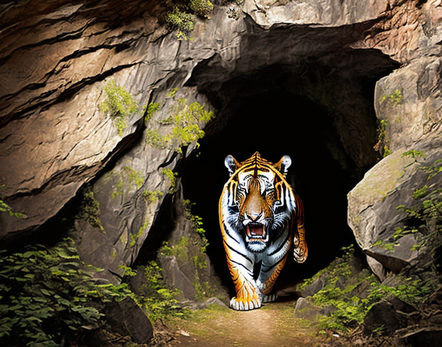 Majestic tiger roaring in lush greenery from dark cave