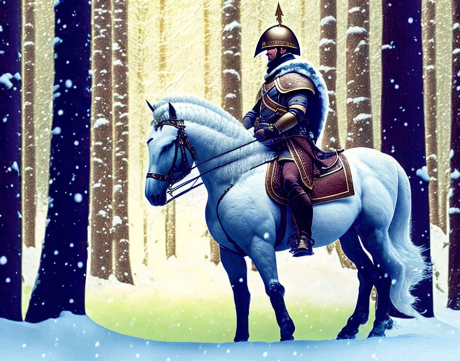 Knight in ornate armor on white horse in snowy forest.