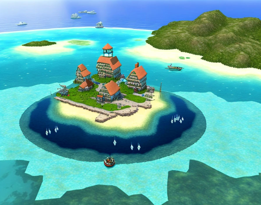 Virtual island with European-style buildings and clear blue waters