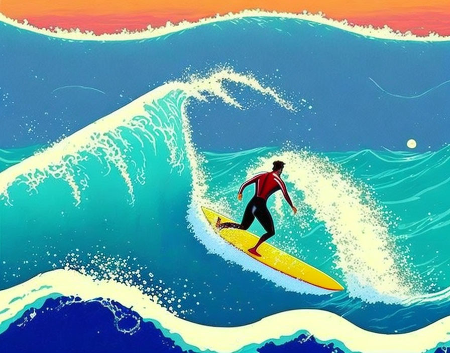 Colorful Surfer Riding Blue Wave on Yellow Surfboard
