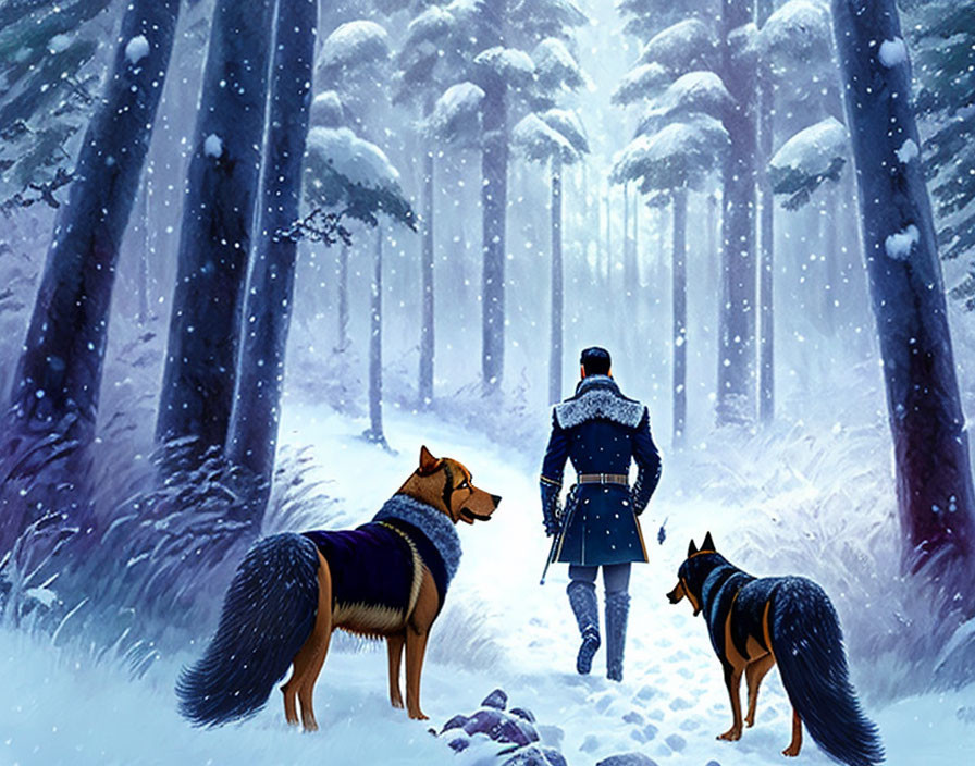 Person in blue coat walking in snowy forest with German Shepherd dogs