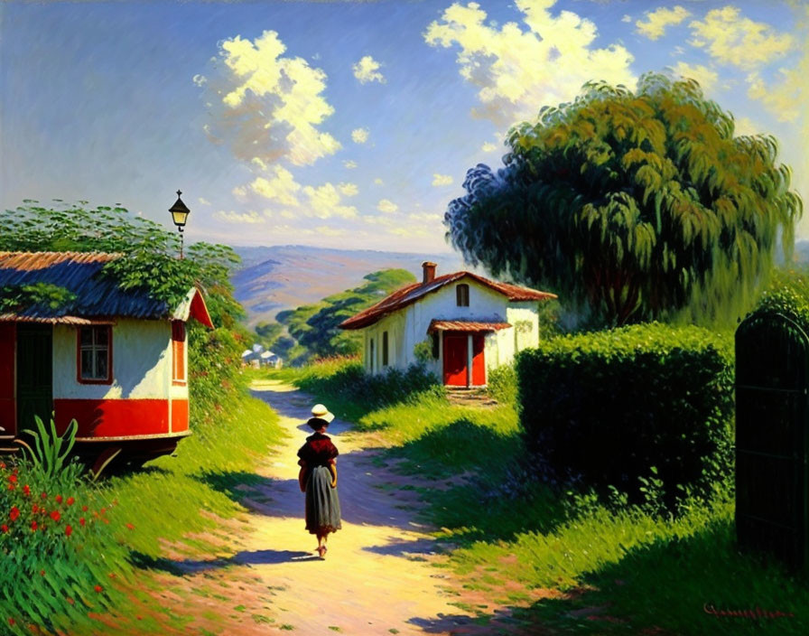 Woman walking down rural path with small houses and lush greenery under vivid blue sky.