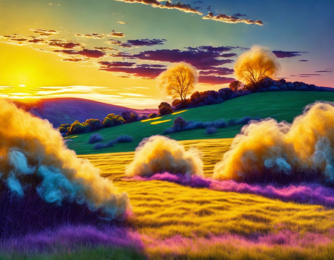 Colorful sunset over rolling hills with low-hanging clouds and silhouetted trees
