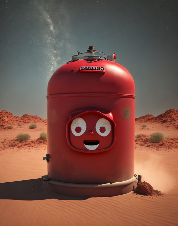 Red anthropomorphic gas tank in desert under starry sky