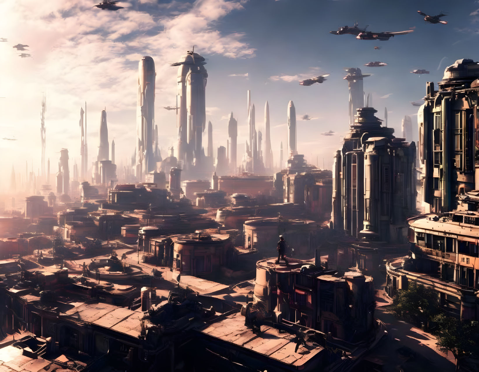 Futuristic cityscape with tall skyscrapers and flying vehicles