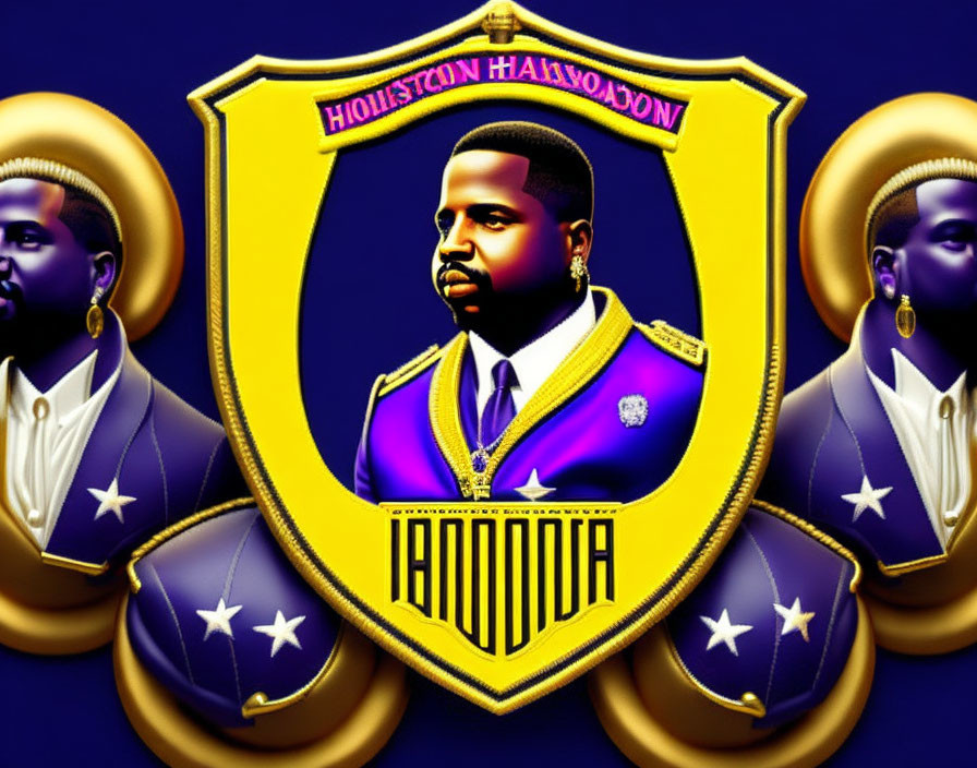 Stylized crest with male figure, profiles, purple & gold colors, and text elements