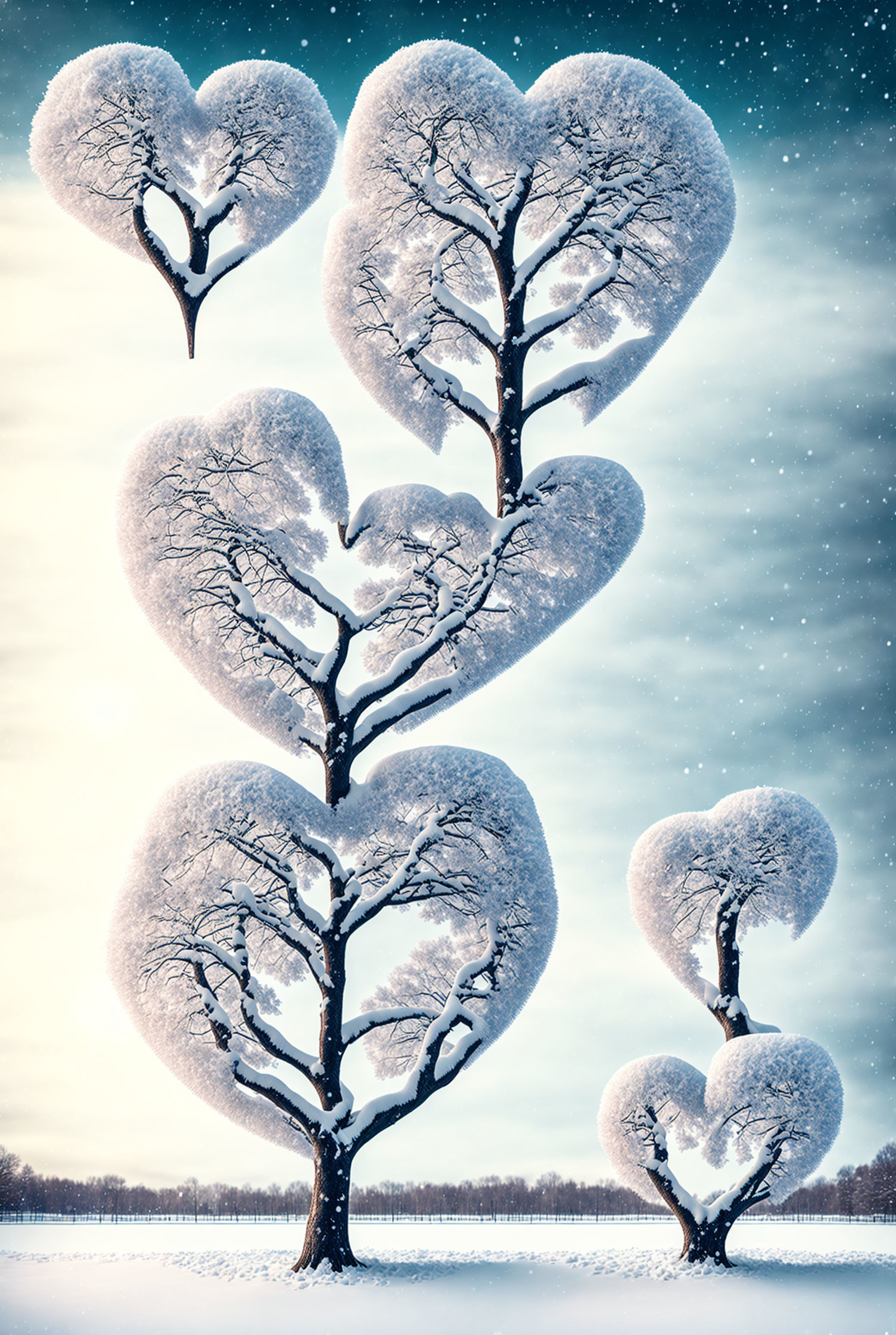 Snow-covered trees with heart-shaped branches in winter landscape.