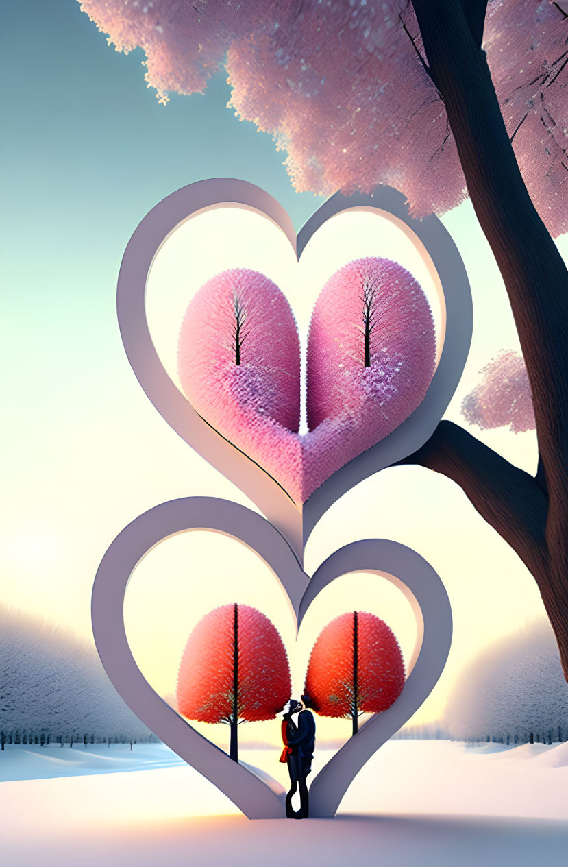 Person admiring heart-shaped tree frames with snowy and cherry blossom scenes.