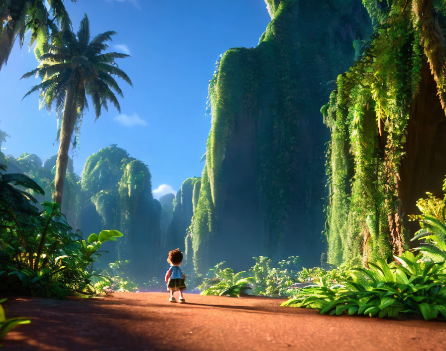 Child on lush path among towering green cliffs and tropical vegetation