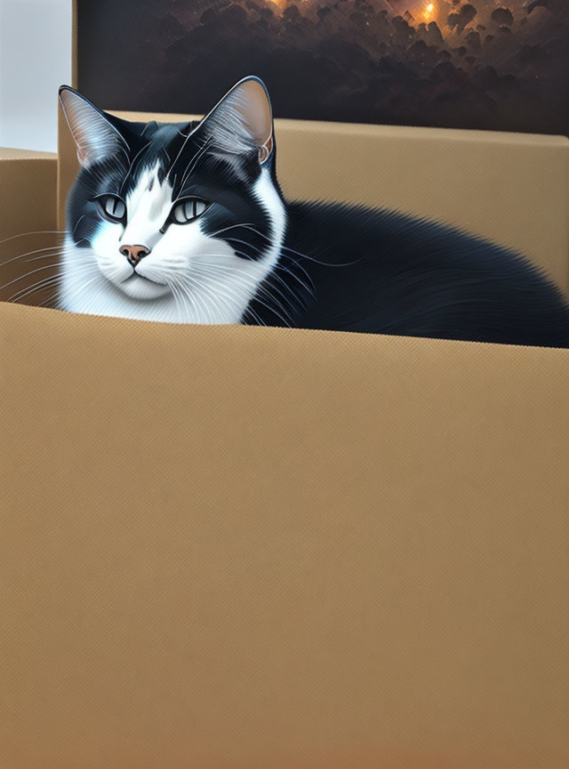 Black and white cat with unique markings resting in a cardboard box