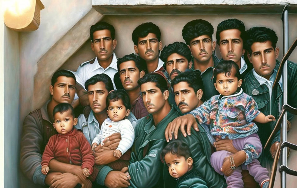 Realistic painting: Serious men with thick mustaches & children in dim light