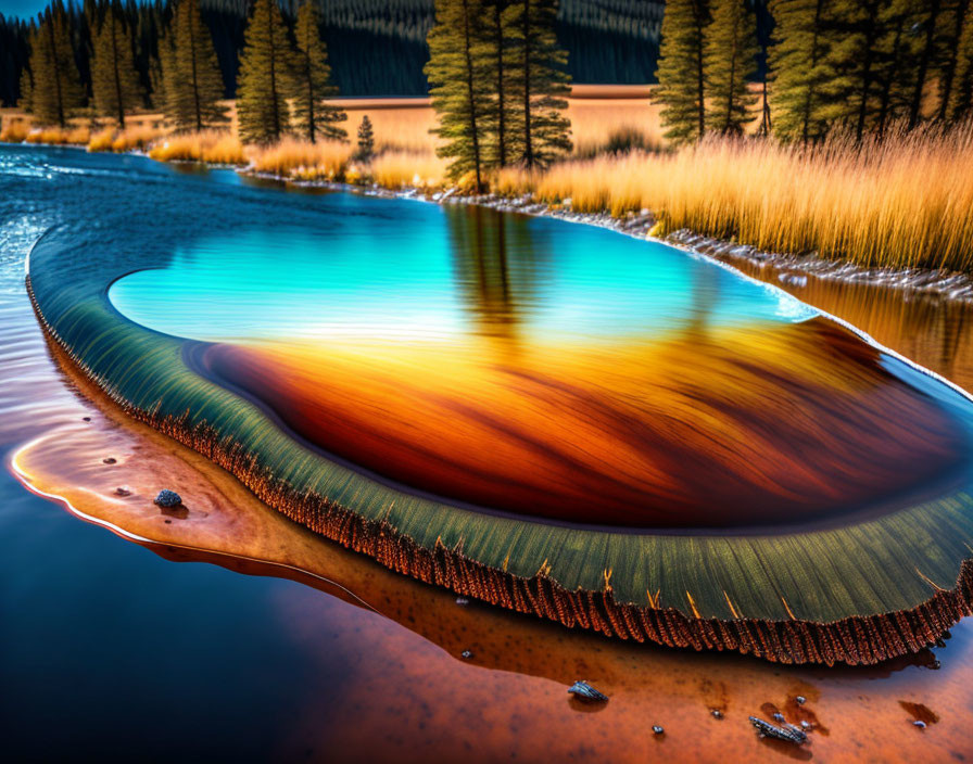 Vibrantly colored hot spring in eye-like shape amidst grasses and pine forest