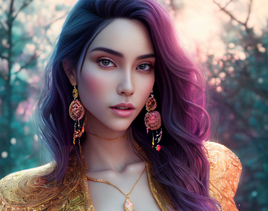 Portrait of Woman with Purple Hair and Golden Jewelry on Floral Background