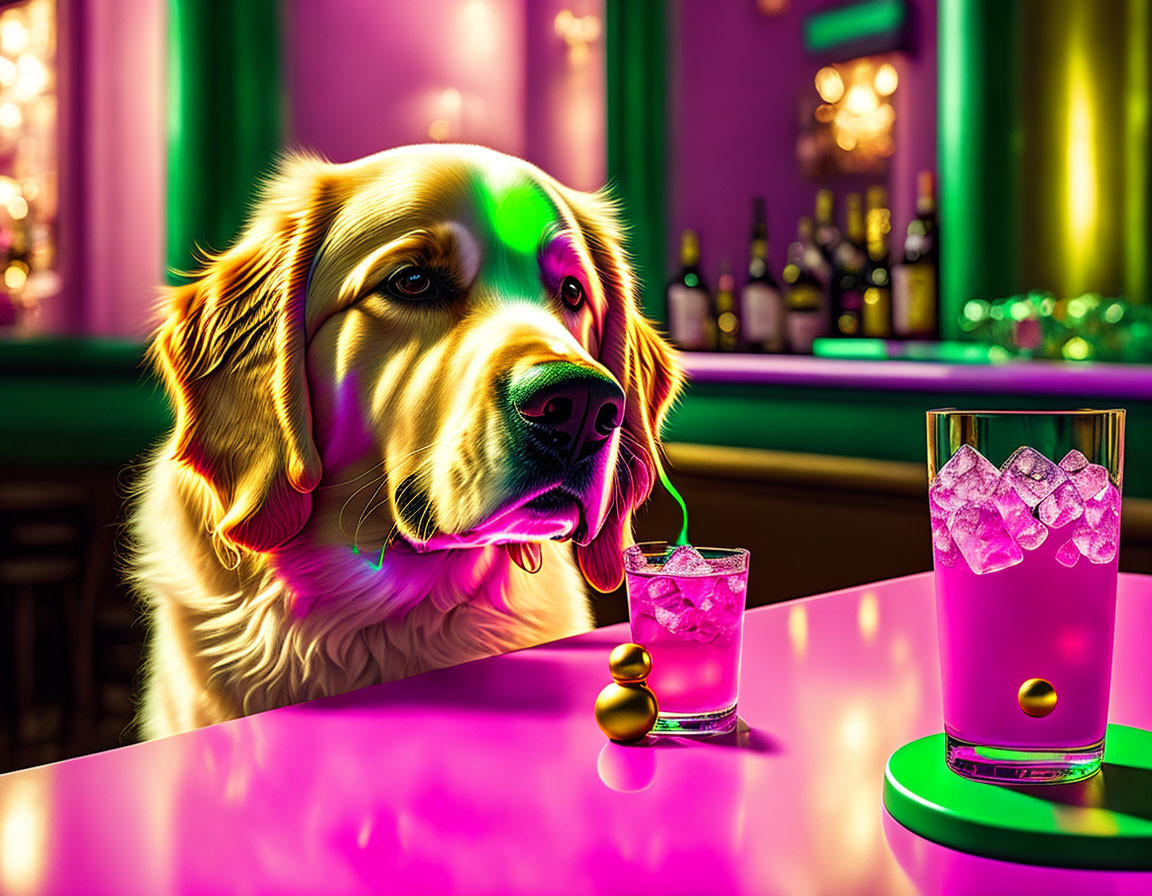 Colorful Golden Retriever Illustration in Neon Bar Setting