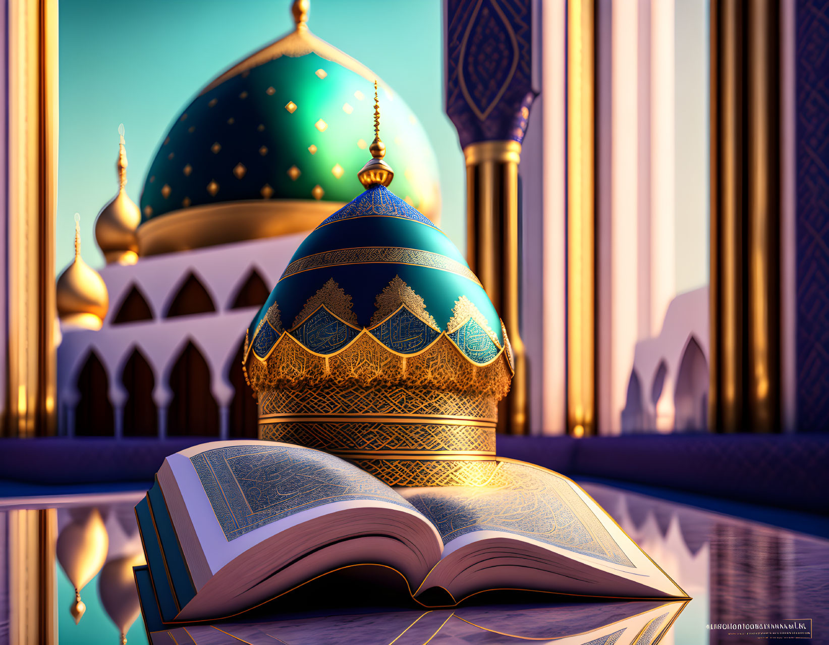 Intricate Arabic Calligraphy on Open Book with Ornate Domes and Arches