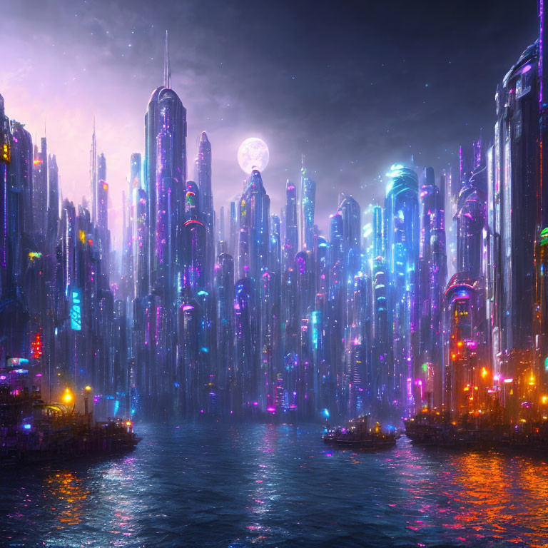 Futuristic night cityscape with skyscrapers, neon lights, waterfront, and moon