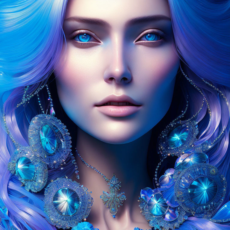 Woman with Blue Eyes and Blue Hair Digital Artwork