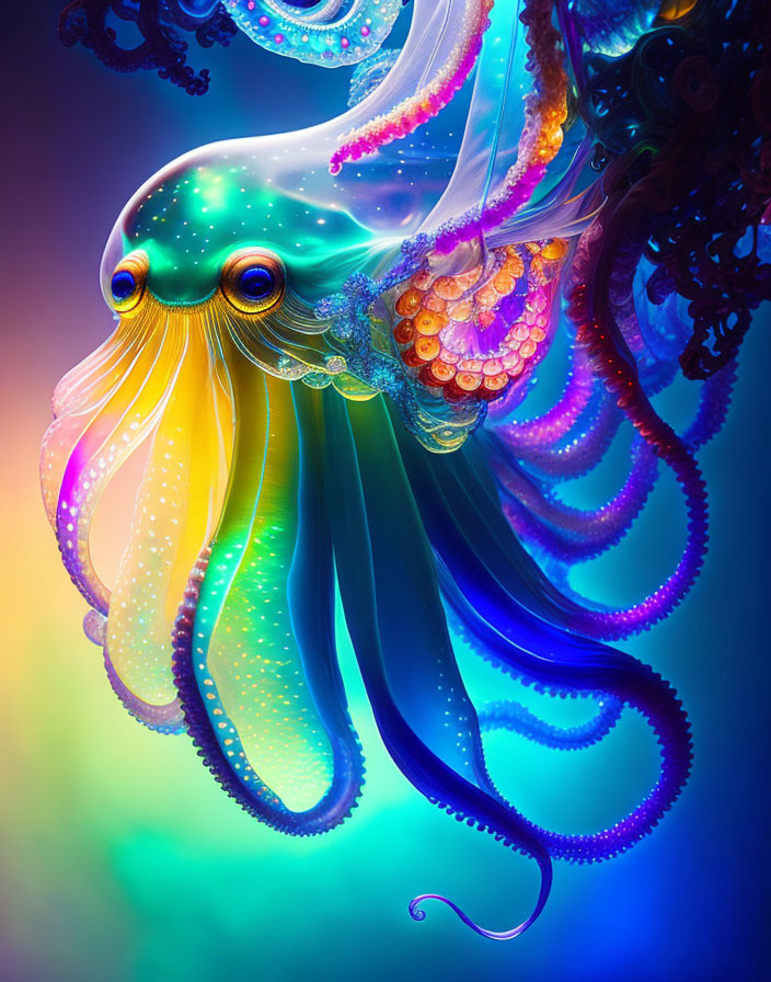 Colorful digital artwork: Stylized octopus with luminescent tentacles on gradient backdrop