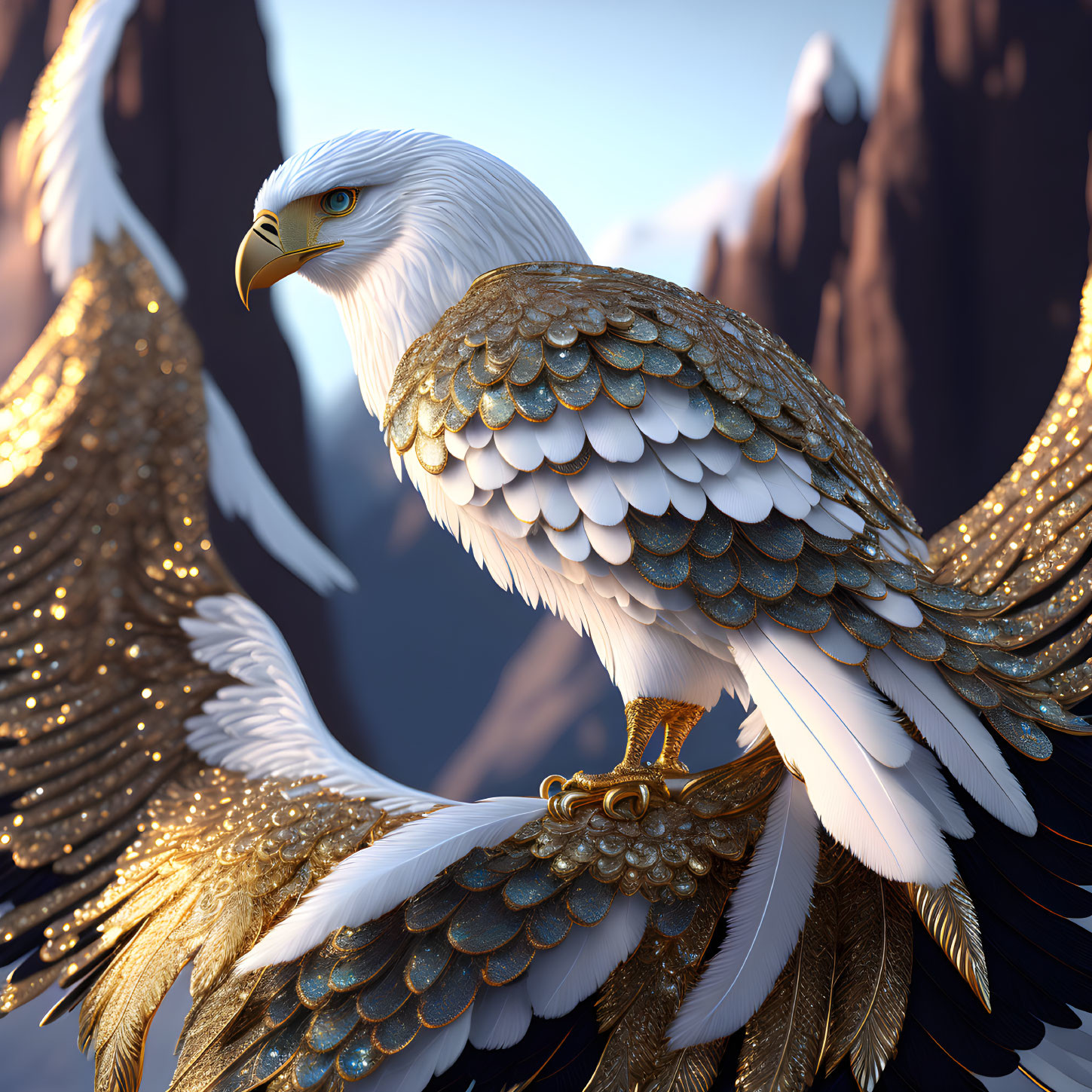 Majestic eagle with gold-tipped feathers perched on rock with rugged mountains