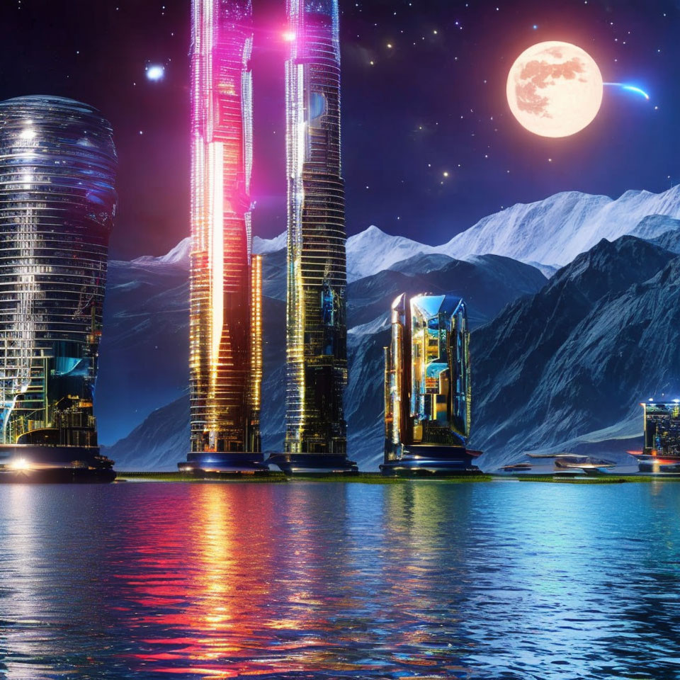 Neon-lit skyscrapers in futuristic cityscape with mountains and full moon