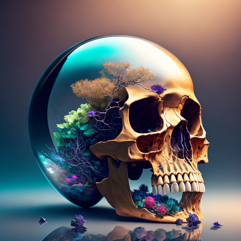 Skull with realistic teeth entwined by vines next to vibrant sphere with miniature ecosystem.