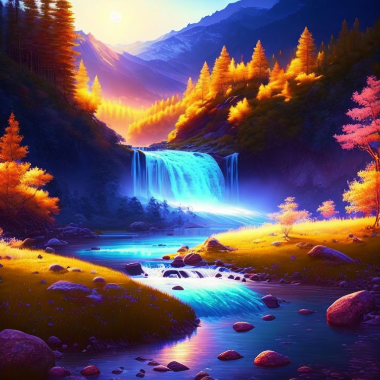 Colorful landscape with waterfall, river, and illuminated trees at sunset or sunrise