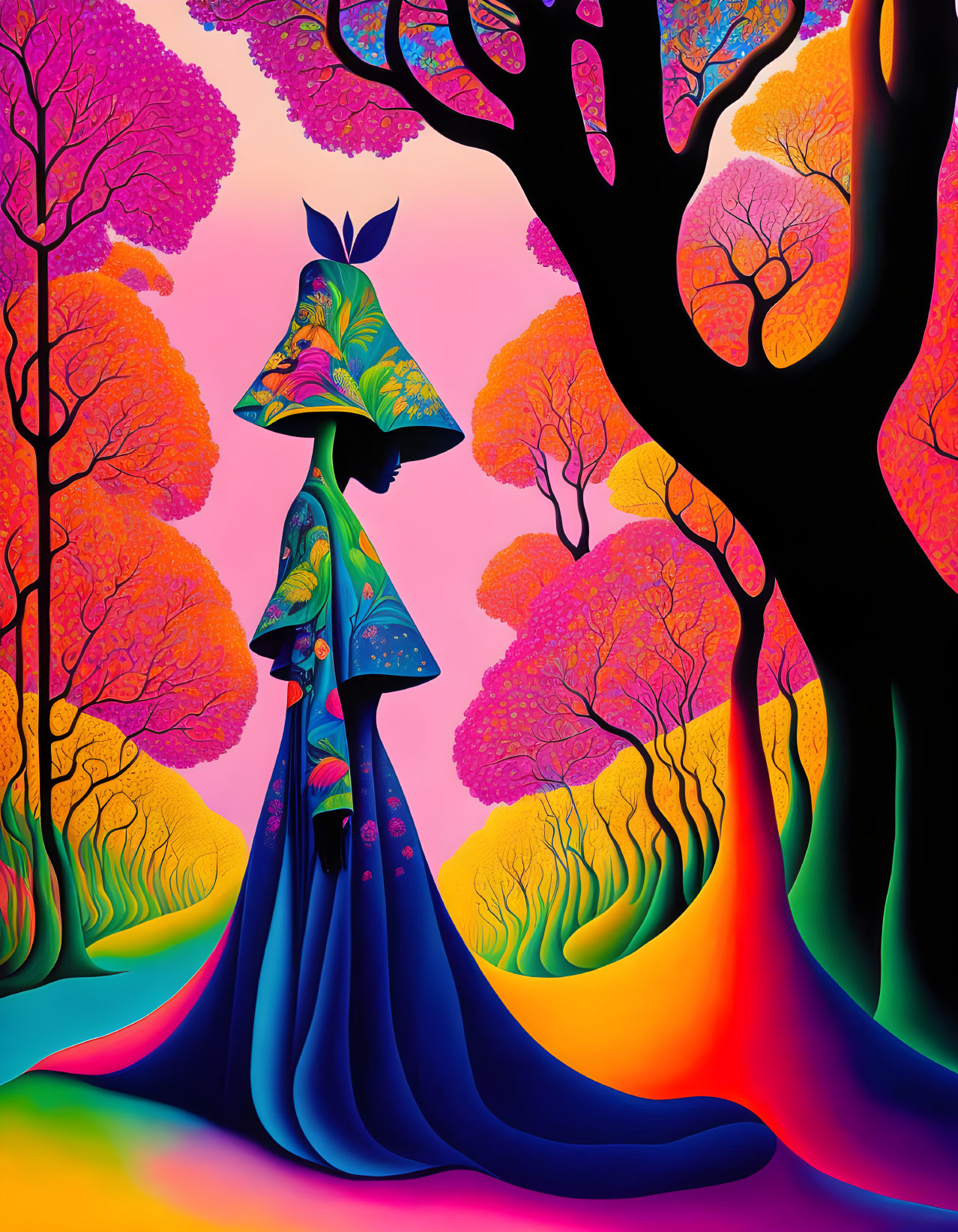 Colorful Stylized Woman in Flowing Dress Blends with Surreal Forest