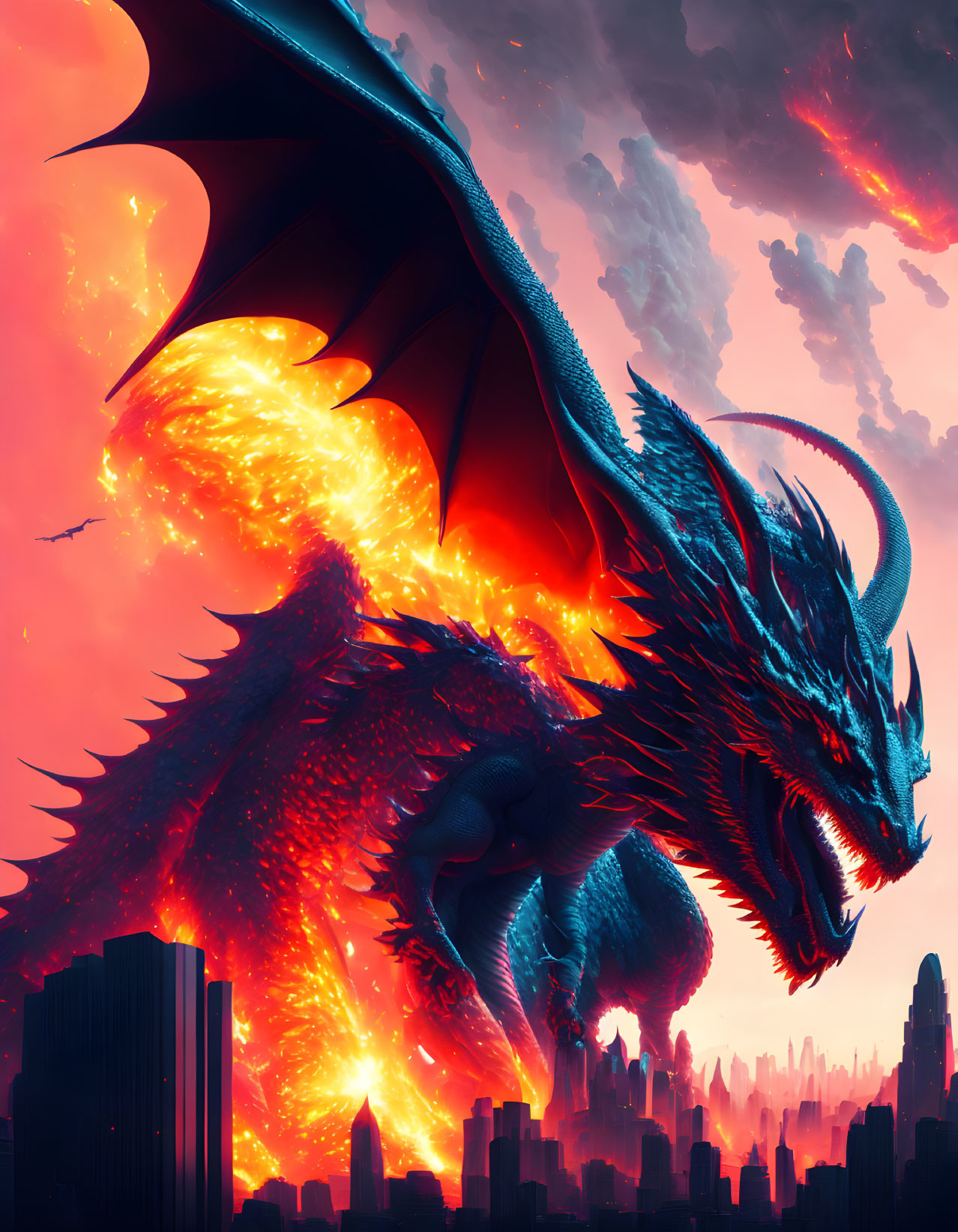 Blue dragon dominates cityscape with fiery wings in dramatic red sky