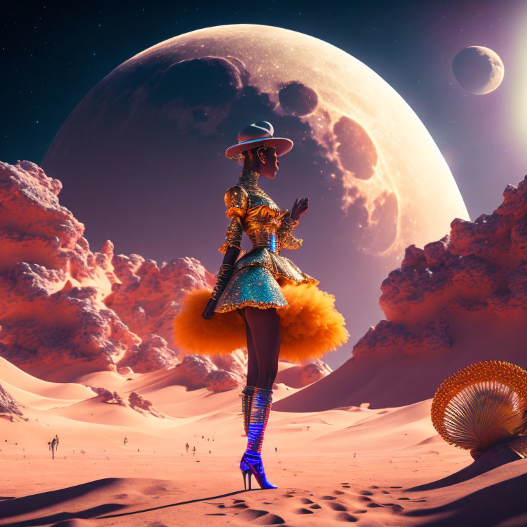 Futuristic individual in ornate attire on alien landscape with rock formations and moons.