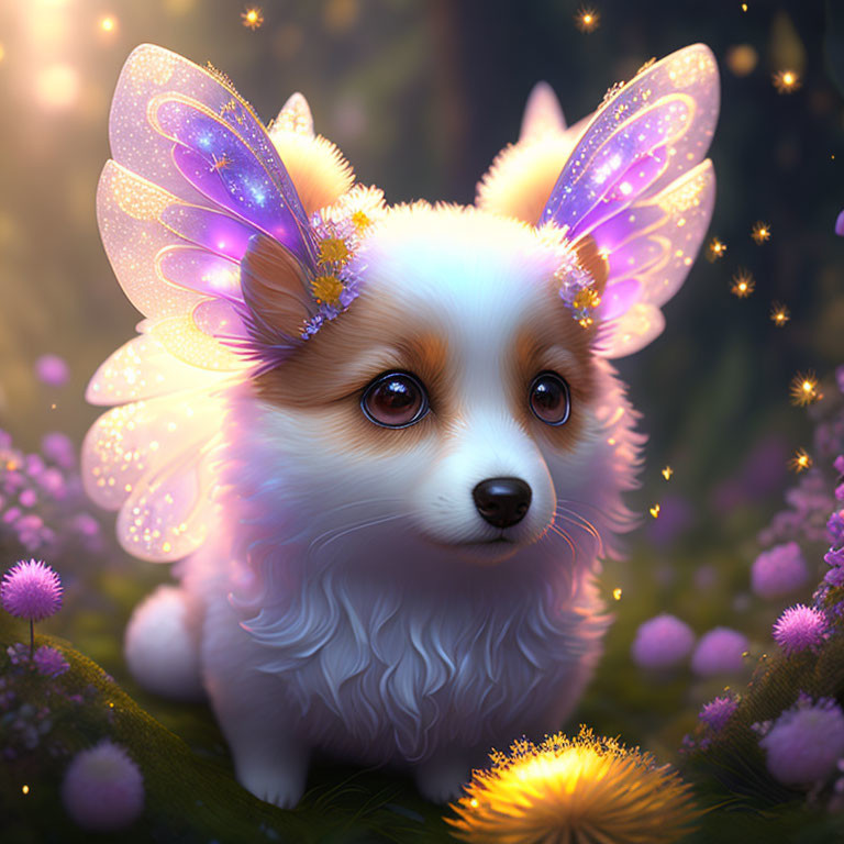 Corgi with butterfly wings in enchanted forest scene