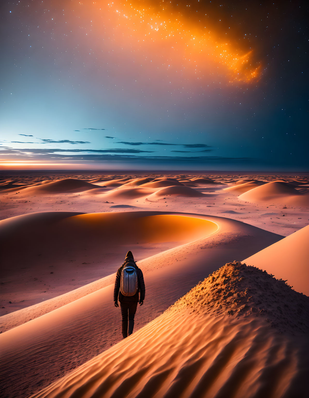 Starry Twilight Sky Over Person Walking on Sand Dune