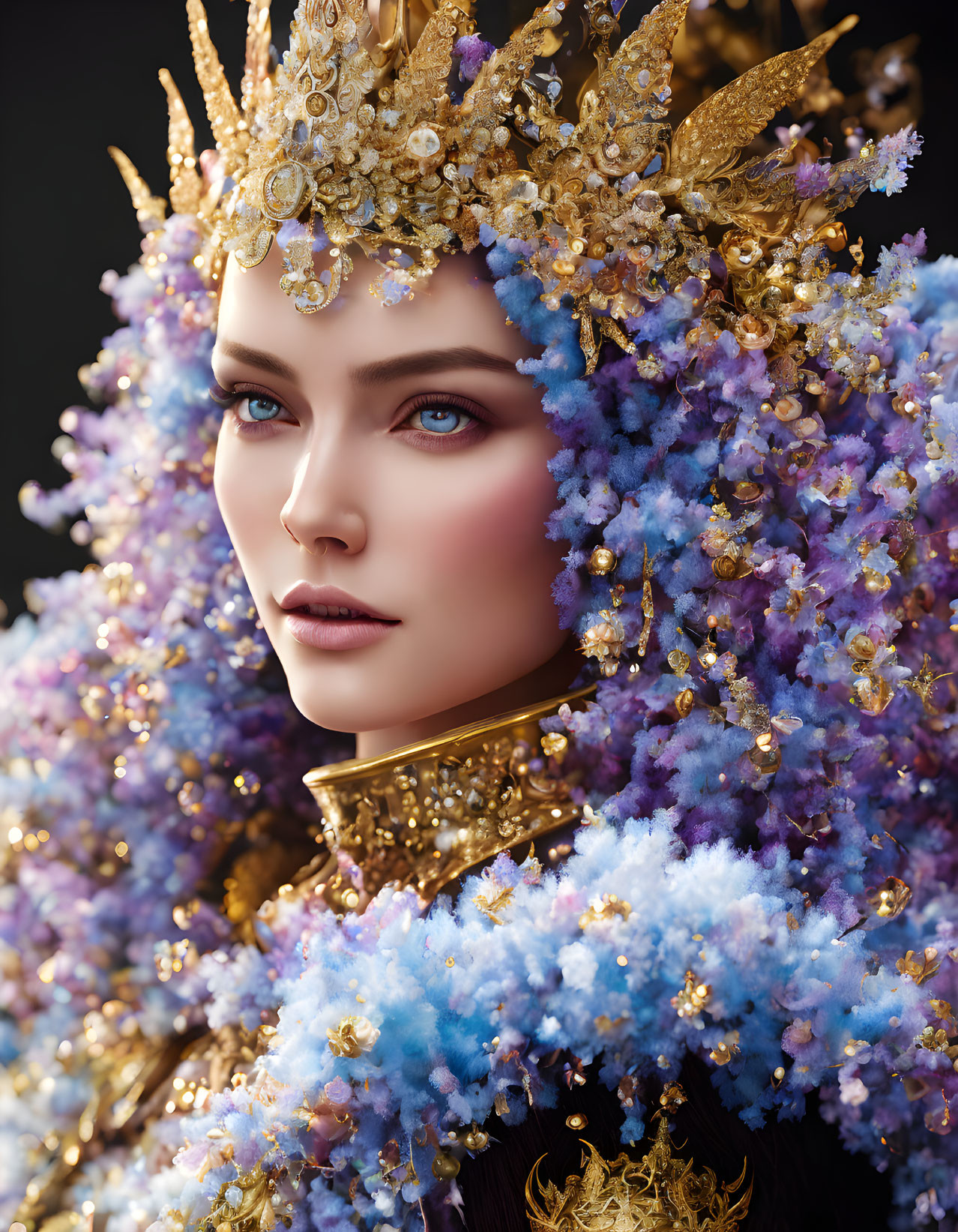 Woman Portrait with Golden Crown and Floral Details in Blue and Purple