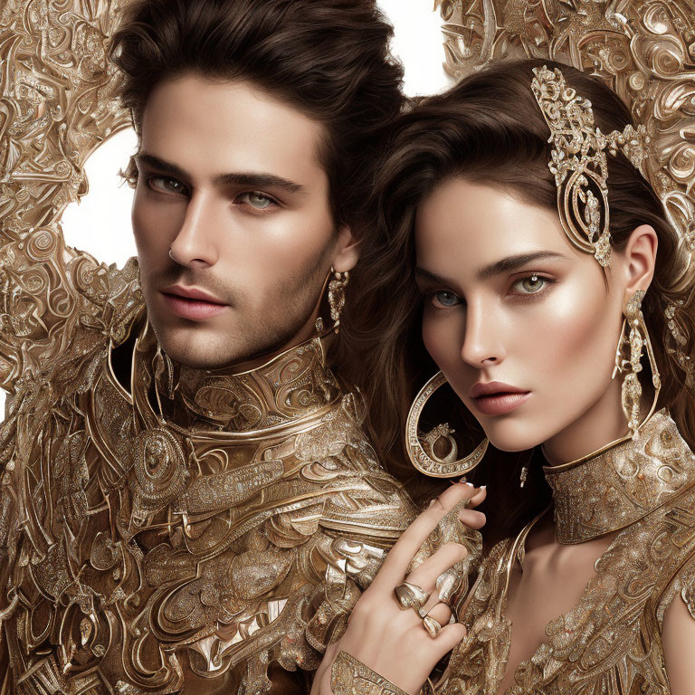 Man and woman in ornate golden attire exude royal elegance