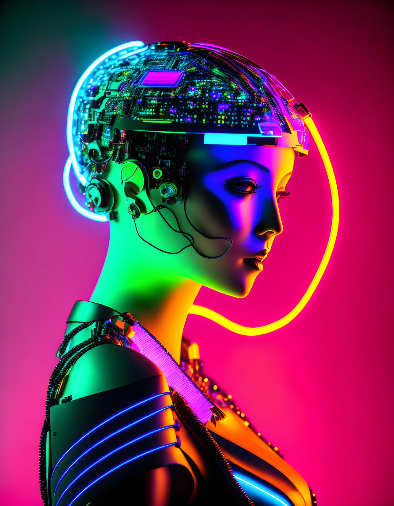 Colorful portrait of female android with futuristic cybernetic head and glowing neon lights